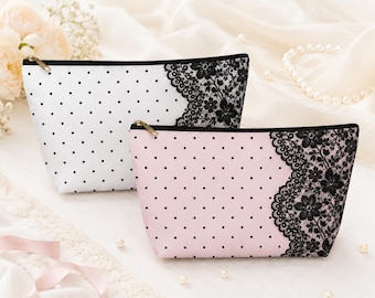 Black Lace Polka Dot Accessory Pouch, Vintage Floral Cosmetic Bag, Pink & White Makeup Bag, Travel Toiletry Organizer,Cute Zipper Pouch Gift