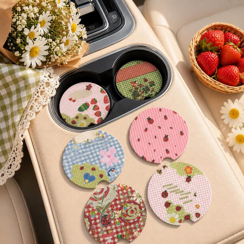 May include: A set of six circular car cup holder coasters featuring various patterns including strawberries, ladybugs, gingham checks, and floral motifs in shades of pink, red, green, and blue. The coasters are arranged on a light-colored car console.