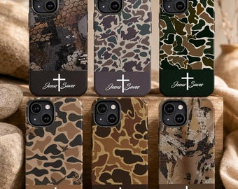 Jesus Saves Camo Phone Case for iPhone 11 - 17 and Samsung – Christian Cross Phone Cover, Faith-Based Hunting Camouflage Design