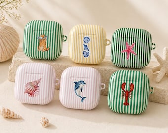 Cute Striped AirPods Case, Ocean Animal AirPods Pro Cover, Cat Dolphin Shell Starfish Lobster Design, Aesthetic Protective Case,Gift for Her
