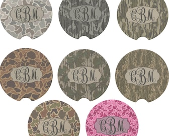 Personalized Monogram Car Coaster Set, Camo Print Auto Cup Holder Insert,Custom Initials Gift,Rustic Hunting Style,Absorbent Car Accessories