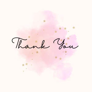 May include: A graphic design featuring the black cursive text Thank You centered over a soft, pale pink watercolor wash background. Small, scattered gold-colored star shapes are distributed across the pink area, creating a decorative effect.