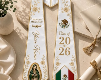 Personalized Mexican Graduation Stole 2026, Virgen de Guadalupe Catholic Sash, Custom Hispanic Grad Stole