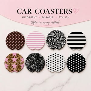 May include: Eight circular car coasters featuring diverse patterns including brown polka dots, pink and white stripes, black and white zebra print, horizontal black stripes, leopard print with pink stars, black lace, and white and black polka dots.