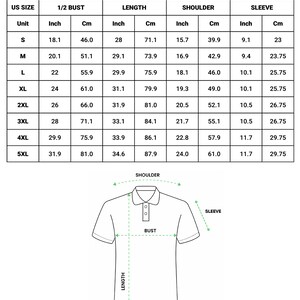 May include: A size chart for an all-over print polo shirt, labeled "LIGHTWEIGHT." Measurements are provided in inches and centimeters for bust, length, shoulder, and sleeve for sizes S through 5XL. The chart includes a diagram of the shirt with labeled measurement points.