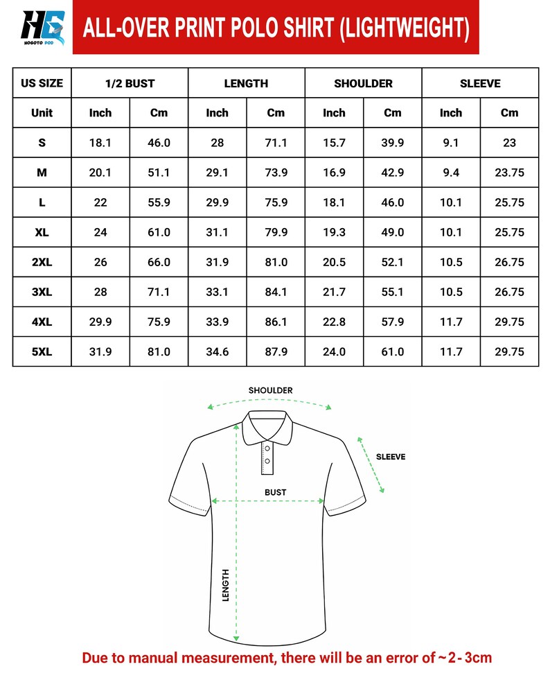 May include: A size chart for an all-over print polo shirt, labeled "LIGHTWEIGHT." Measurements are provided in inches and centimeters for bust, length, shoulder, and sleeve for sizes S through 5XL. The chart includes a diagram of the shirt with labeled measurement points.