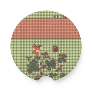 Cute Ladybug Car Coasters Set, Pink Gingham Strawberry Coasters, Cottagecore Floral Cup Holder Inserts, Kawaii Summer Car Accessories 3