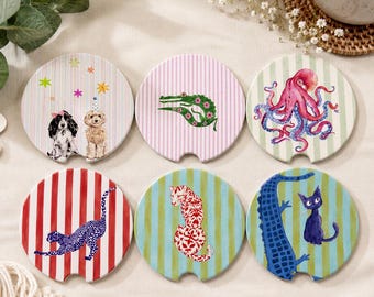 Whimsical Animal Car Coasters , Cute Octopus Cat Crocodile Leopard Dog Car Coasters, Colorful Striped Animal Car Cup Holder Coaster