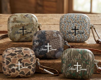 Jesus Saves Camo AirPods Pro Case, Christian Cross Earbuds Cover,Hunting Camouflage AirPods Case,Faith Gift for Him,Religious Tech Accessory