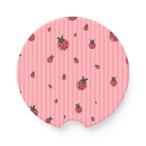 Cute Ladybug Car Coasters Set, Pink Gingham Strawberry Coasters, Cottagecore Floral Cup Holder Inserts, Kawaii Summer Car Accessories 5