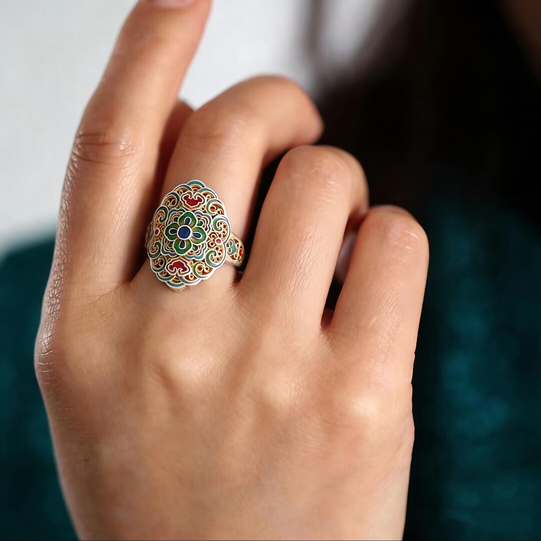Chinese Patterns Rings Chinese Traditional Heritage Ring – Sterling Silver, Filigree,enamel ...