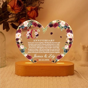 May include: A heart-shaped anniversary gift with floral accents and the text "40th Anniversary." The clear acrylic piece sits on a wooden base that illuminates the text and design. The names "James & Lily" and the date "05.15.1999" are also displayed.