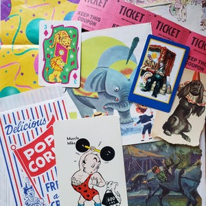 May include: A collection of vintage circus-themed ephemera, including playing cards with animal illustrations, pink tickets, and a popcorn bag. The image features a colorful, nostalgic aesthetic with a playful vibe.
