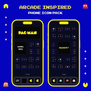 May include: Arcade-inspired phone icon pack featuring a Pac-Man theme. The design includes two smartphones with a dark blue background, yellow accents, and pixelated graphics. One phone displays "Pac-Man" and "Level 001", while the other says "Ready!".