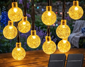 Guirnalda de luces solares impermeables, 60 luces LED tipo globo, 11,1 metros, 8 modos.
