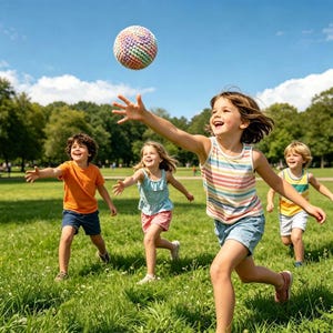 Puede incluir: Un grupo de niños jugando en un parque con hierba en un día soleado. Un niño extiende la mano hacia una pelota colorida en el aire, mientras que otros corren hacia ella. Los niños llevan ropa informal.