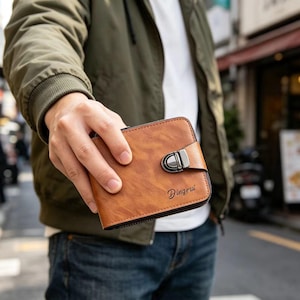 Puede incluir: Una cartera de cuero marrón con cierre de metal y cremallera. La cartera tiene la palabra "Dingrui" impresa en la parte delantera. La cartera se sostiene frente a un fondo borroso.