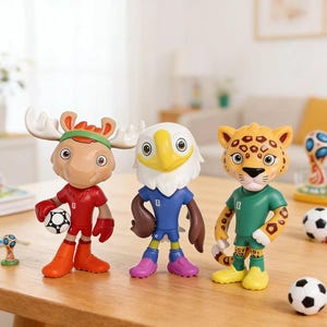 Puede incluir: Tres figuras coloridas de animales de dibujos animados: un alce, un águila y un leopardo, cada uno con un uniforme de fútbol. El alce sostiene un balón de fútbol. El águila y el leopardo están de pie. También se ven balones de fútbol y un trofeo.