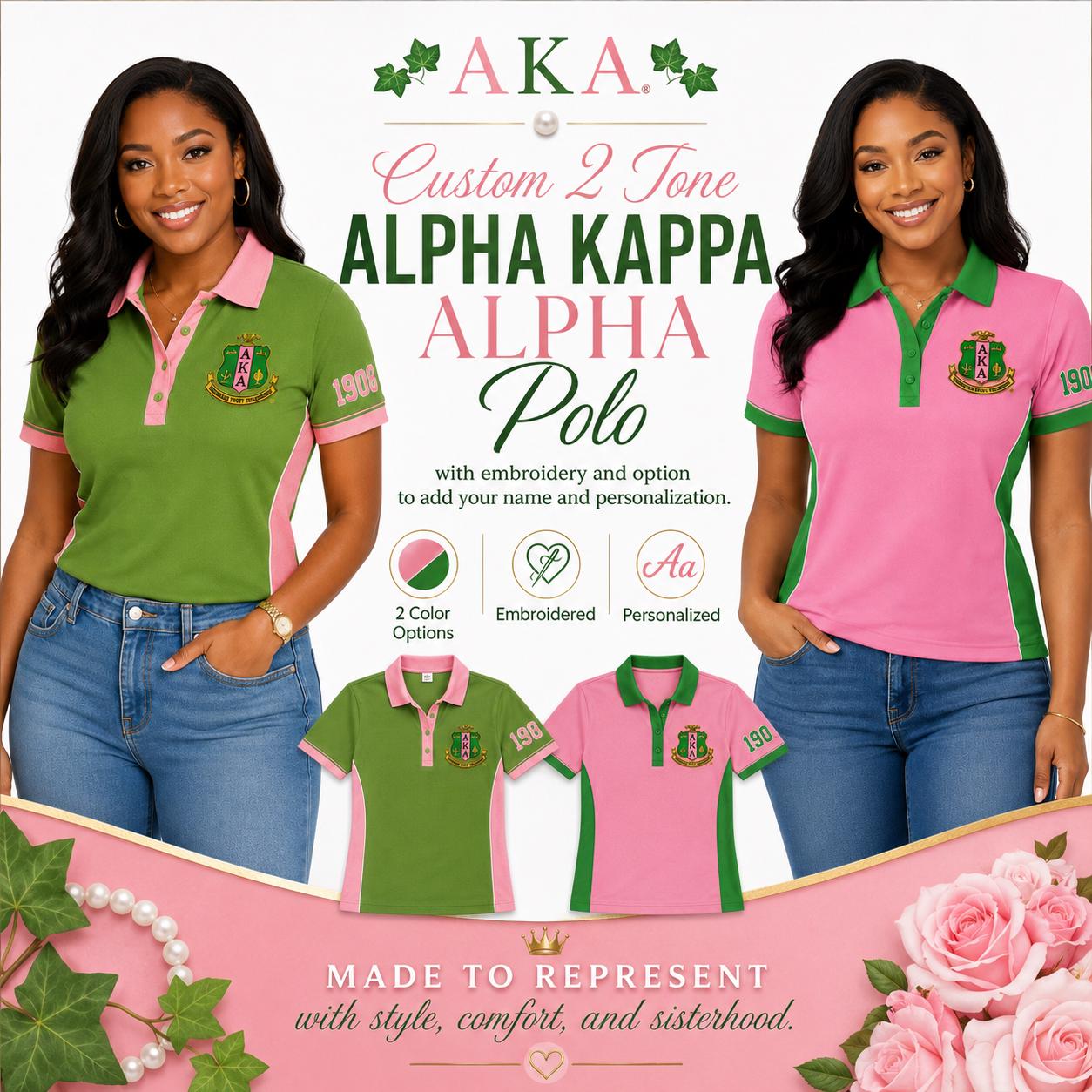 Custom Alpha AKA Pink & Green Sorority Polo, Two Tone Embroidered Greek Polo Shirt, Personalized Line Name Number Chapter Gift