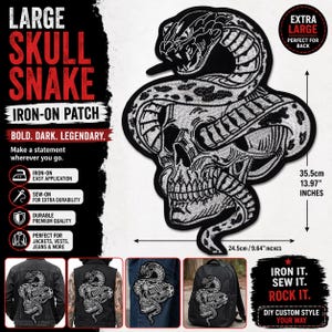 May include: Large skull and snake iron-on patch. The patch is black and white, with the snake coiled around the skull. The patch measures 13.97 inches high and 9.64 inches wide. The text on the patch says "Bold. Dark. Legendary."