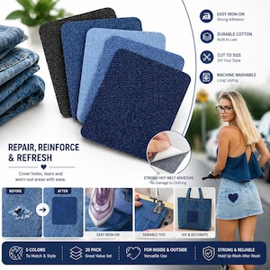 May include: A collection of five denim patches in various shades of blue and black. The patches are square and designed for repairing or reinforcing clothing. The image also shows the patches being ironed on and sewn, with text that reads "Repair, Reinforce & Refresh".