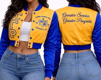 Sigma Gamma Rho Satin Crop Jacket, Custom SGRho Cropped Bomber Jacket, Personalized Sorority Jacket Women, Blue Gold Jacket Made for you