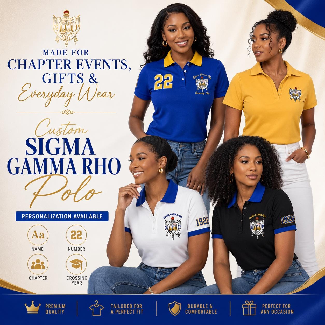 Custom Sigma Gamma Rho Polo Shirt, Personalized SGRho Sorority Polo, Line Name Number Chapter Initials, Blue Gold Greek Polo
