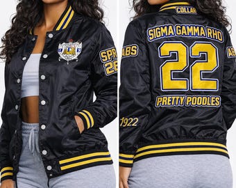 Personalized sublimation Sigma Gamma Rho custom satin vintage-style Varsity Bomber Jacket, Jacket Add your name, number, and chapter.