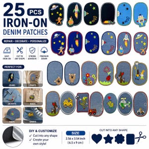 May include: A set of 25 iron-on denim patches in various shapes and designs. The patches feature images of rockets, stars, animals, and vehicles. The patches measure 2.56 x 3.54 inches and are suitable for repairing, decorating, and personalizing jeans, jackets, and more.