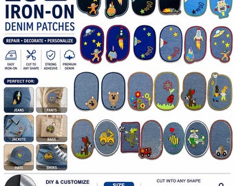 25 PCS Iron On Patches Kids Space Animal Denim Repair Kit, Jeans Knee Patches DIY Clothing Mending Fabric Appliques Set