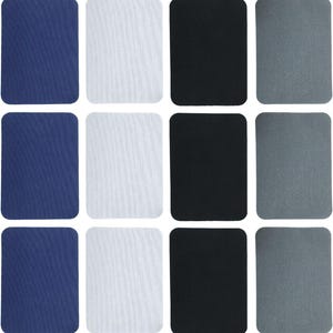 May include: A grid of twelve rectangular fabric patches in various colors. The colors include navy blue, white, black, and gray. Each patch has rounded corners and a textured surface, creating a visually organized pattern.