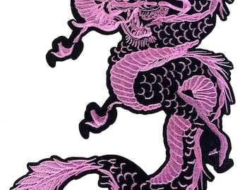 Large Dragon Patch Iron On Sew On Embroidered Back Patch 13.4 Inch Japanese Dragon Jacket Patch for Motorcycle Jacket Vest Black & Pink