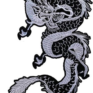 May include: Embroidered patch featuring a detailed white dragon design on a black background. The dragon is depicted in a dynamic pose with intricate scales and flowing details, suitable for jackets, bags, or other apparel.