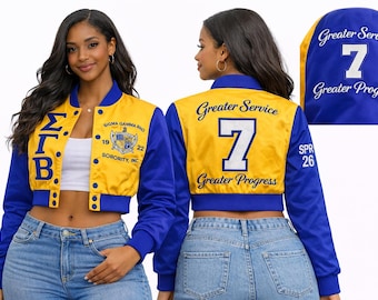 Sigma Gamma Rho Satin Crop Jacket, Custom SGRho Cropped Bomber Jacket, Personalized Sorority Jacket Women, Blue Gold Poodle Greater Service