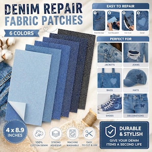 May include: Denim repair fabric patches in six colors. The patches are rectangular, measuring 4 x 8.9 inches, and are made of 100% cotton denim. The image shows how to repair denim items, perfect for jackets, jeans, bags, hats, shoes, and decorations.