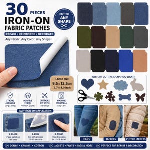 May include: A collection of 30 iron-on fabric patches in various colors and shapes. The patches are designed for repairing, reinforcing, and decorating fabric items. The large size patch is 3.7 x 4.9 inches. Instructions for easy iron-on application are included.