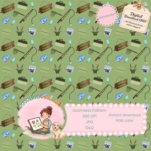 May include: A seamless digital pattern on a green background featuring repeating fishing-themed illustrations including Gone Fishing signs, fishing rods, nets, bait buckets, and blue fish. Includes text: Digital Download ONLY - NO Physical items.