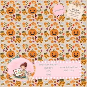 May include: A seamless pattern featuring pumpkins, fall leaves, donuts, coffee cups, and mittens. The design includes the text "Handdrawn" and "Digital Download ONLY - NO Physical items - will be shipped". The pattern is 12x12 inches.