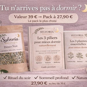 Peut inclure: Publicité pour des aides au sommeil avec une bougie, un sachet de thé à la camomille et deux livres. Le texte comprend "Douce Nuit" et "Les 3 piliers pour mieux dormir naturellement". Les produits sont présentés sur une surface douce et texturée.
