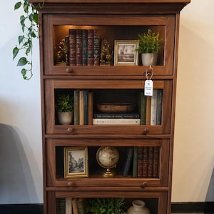 May include: A dark wood bookcase with glass-fronted shelves, filled with books, small plants, and decorative items. The bookcase has a traditional design with multiple shelves and a top section. The shelves display books, a globe, and framed pictures.