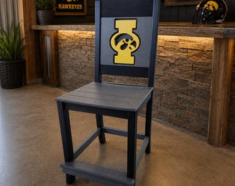 Amish Made Handcrafted Iconic Poly Vinyl Iowa Hawkeye Team Logos Officially Licensed Bar Chair, Mission Style Farmhouse Chair - Quick Ship