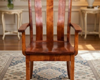 Krzesło Amish Made Iconic Rustic Cherry Arm Chair, krzesło do jadalni Alexander, siedzisko Saddle Scoop Seat, szybka wysyłka