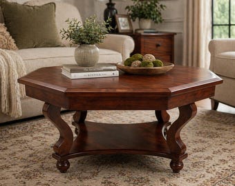 Mesa de centro octogonal de madera de 91 cm (36"), icónica, hecha a mano por artesanos Amish, con estante y patas curvas - Estilo Mission en marrón oscuro - Envío rápido