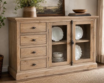 Amish Made Iconic Rustic White Oak Allison 60" Sideboard with Baroque Glass Doors and Wood Shelves - Quick Ship
