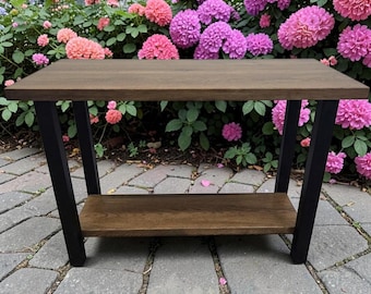 Amish Made Handcrafted Imperial Sofa Table Rough Sawn White Oak Solid Wood Top and Shelf, Rectangular Powder Coated Metal Base - Quick Ship