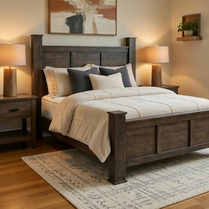 Amish Made Handcrafted Queen Bed Frame - Rustic Farmhouse Mission Style, Antique Slate Curly Maple, Solid Wood Rough Sawn Oak - Quick Ship