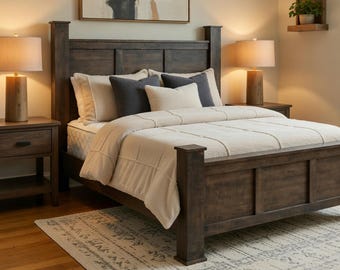 Amish Made Iconic Queen Bed - Curly Maple, Antique Slate Rough - Sawn White Oak - Quick Ship