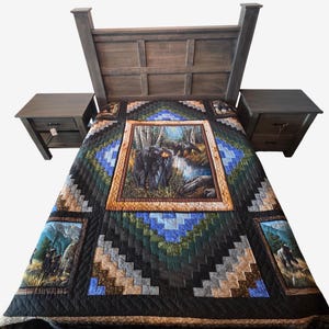 May include: A rustic bedroom set featuring a wooden bed frame with a headboard and two matching nightstands. The bed is covered with a quilt showcasing a bear scene in a forest, with a geometric pattern in shades of blue, green, and brown.