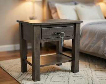 Amish Made Iconic 1 Drawer Night Stand - Curly Maple, Antique Slate Open Lower Shelf - Quick Ship