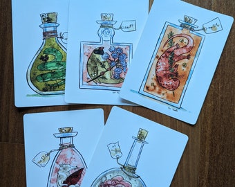 Set of five potion bottle postcards